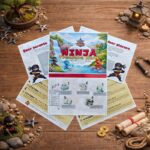 Printable ninja treasure hunt instruction sheets with preparation guide and game setup for a ninja scavenger hunt birthday party activity