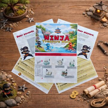 Printable ninja treasure hunt instruction sheets with preparation guide and game setup for a ninja scavenger hunt birthday party activity