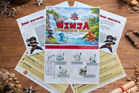 Printable ninja treasure hunt instruction sheets with preparation guide and game setup for a ninja scavenger hunt birthday party activity
