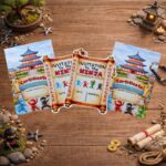 Printable ninja treasure hunt invitations and ninja certificates with temple and ninja characters for a ninja themed kids birthday party game