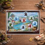 Colorful ninja treasure hunt map with ninja characters and adventure stations for a fun ninja scavenger hunt game for kids birthday parties