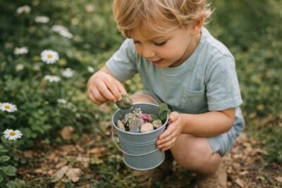 Preschool child outdoors collecting leaves, small rocks, and flowers into a small bucket in a garden, natural light, realistic DSLR-style photo