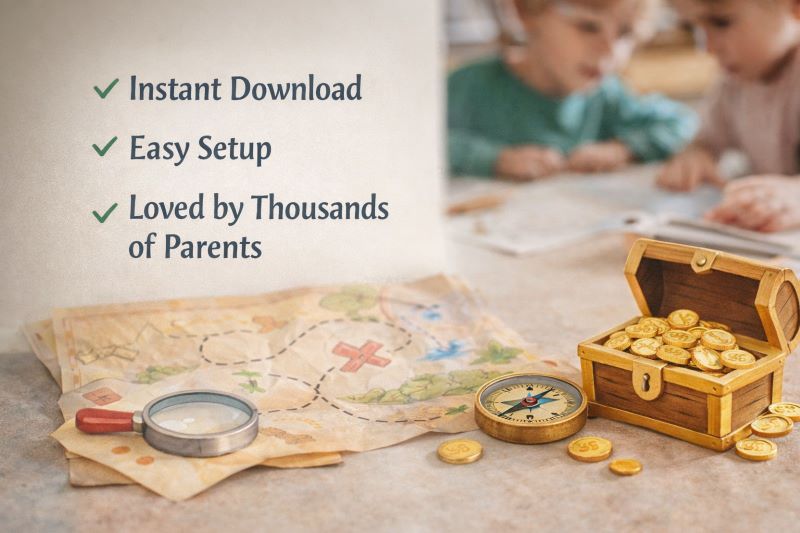 Printable scavenger hunt kits for kids with treasure map and clue cards