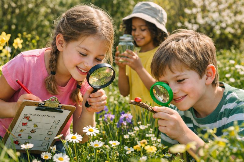 Children exploring a sunny spring garden with magnifying glasses, discovering flowers and bugs during a fun outdoor scavenger hunt