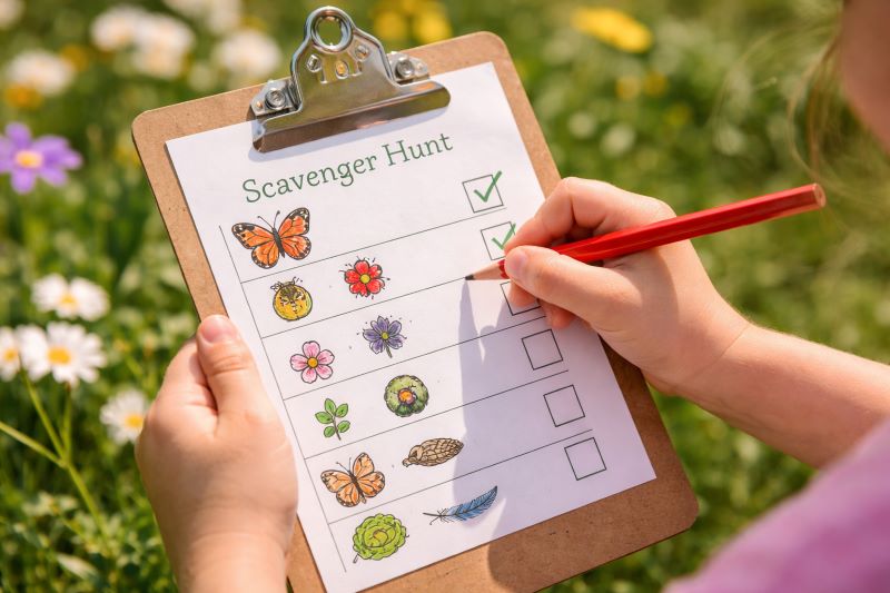 Close-up of a child’s hands holding a spring scavenger hunt checklist and checking off a butterfly with a red pencil in a sunny garden