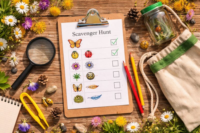 Flat lay of spring scavenger hunt materials including a printed checklist, magnifying glass, pencils, and a collection bag on a wooden background with flowers and nature items