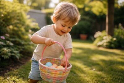 Toddler happily holding a colorful basket while searching for Easter eggs in a sunny backyard, natural light, realistic DSLR photography style