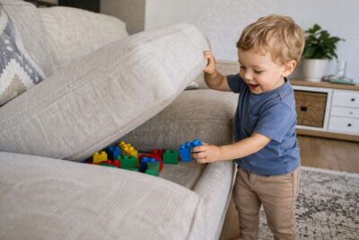 Toddler smiling while discovering colorful building blocks hidden behind couch cushions in a cozy living room, natural light, realistic DSLR-style photo