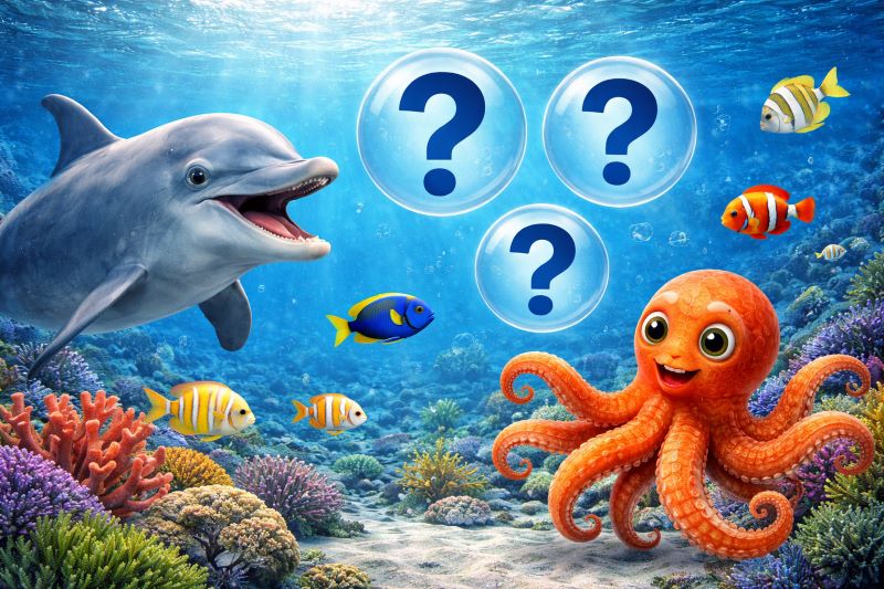 Realistic underwater scene with dolphin, octopus and colorful fish, with question marks floating in bubbles for kids riddles