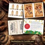 Cowboy birthday party printables: WANTED poster invitation cards, Wild West certificates, station boot markers, and cowboy character labels