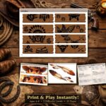 Wild West kids party print and play: Native American symbol bridge cards, feather crafts, cowboy character art, and treasure hunt materials for instant download
