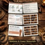 Wild West party game with 8 printable stations: step-by-step instructions, symbol bridge cards, preparation guide, and game materials