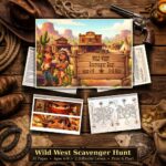 Wild West scavenger hunt printable PDF for kids ages 4 to 9 with 30 pages of cowboy puzzles, treasure map, and party games