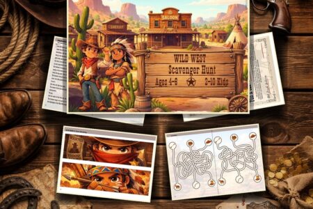 Wild West scavenger hunt printable PDF for kids ages 4 to 9 with 30 pages of cowboy puzzles, treasure map, and party games
