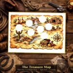 Illustrated Wild West treasure map printable for kids scavenger hunt with 8 station markers, compass rose, gold treasure chest, and frontier landscape
