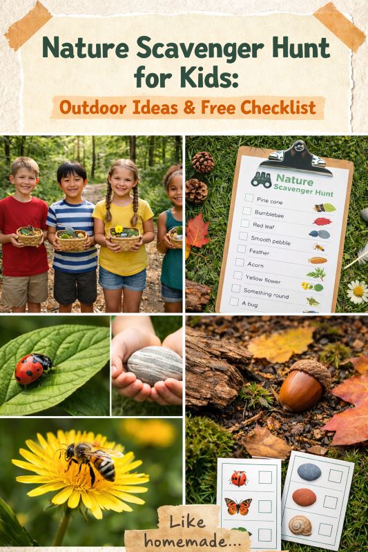 Four-image collage of children exploring nature, collecting leaves, insects, and stones during a fun outdoor scavenger hunt activity in a sunny forest setting