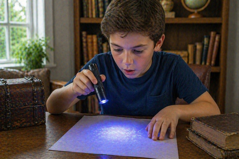 Child holding a UV flashlight to reveal a glowing invisible secret message on paper
