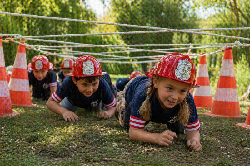 Children in firefighter helmets completing a scavenger hunt obstacle course, crawling under ropes