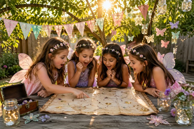 Kinder in Feenkostümen mit Lupen untersuchen Blumen und Blätter in einem Garten — Sonnenlicht durch Bäume, magische Stimmung