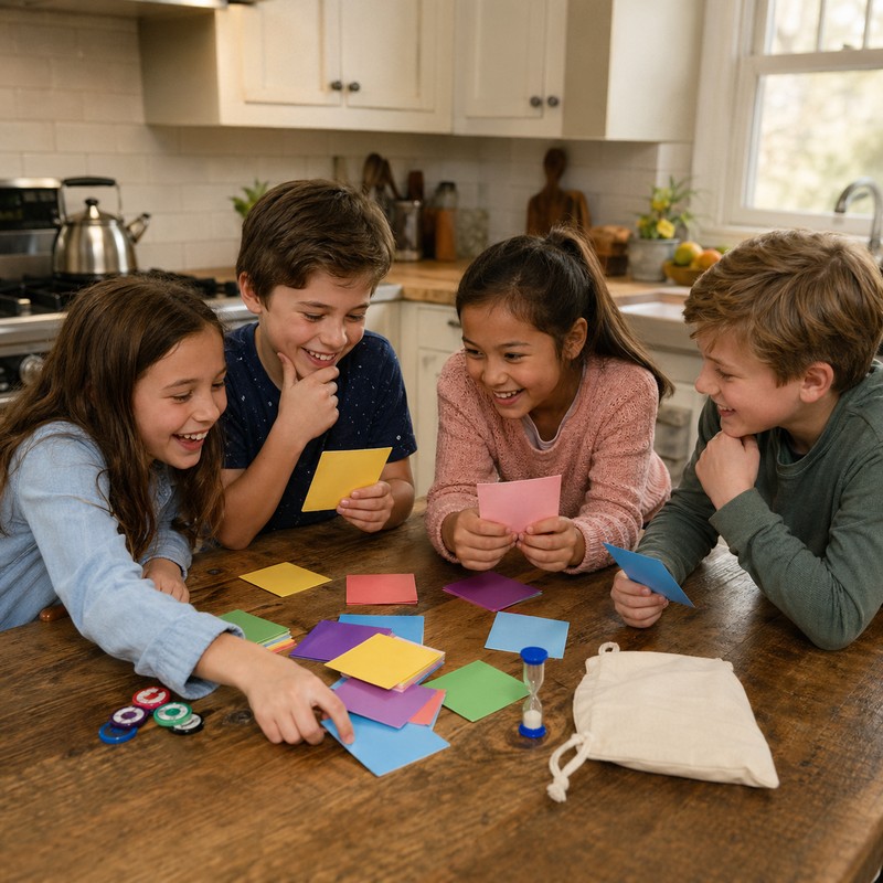 Group of kids ages 7-9 huddled at a kitchen table, competing to guess brain-teaser riddles on colorful cards — realistic warm-lit photo