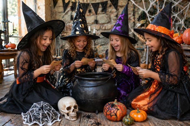 Children wearing witch hats gathered around a table with a crystal ball, spell books, and colourful potions, trying to solve riddle cards together