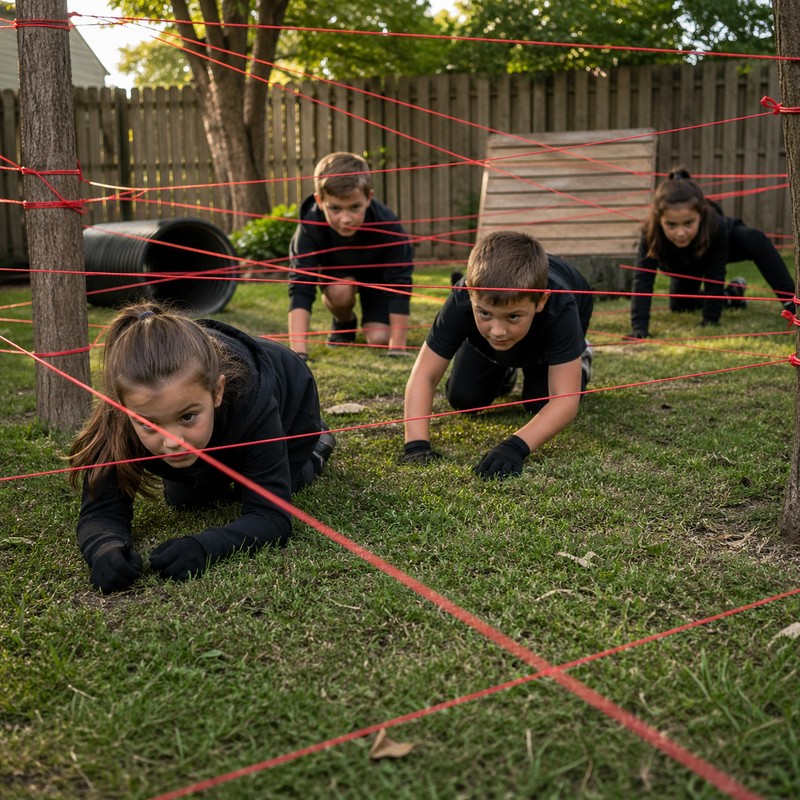 Kids doing a spy outdoor challenge — children in dark clothing crawling under obstacle course laser beams setup in a backyard, focused excited expre