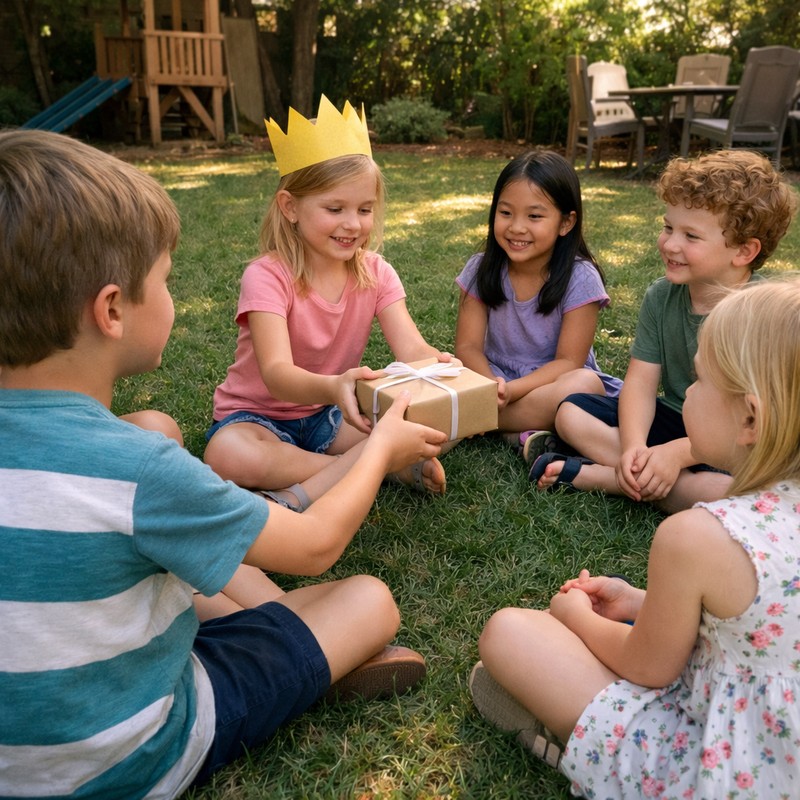 Ages 4-6 birthday games: colorful living room with balloon decorations, children playing Musical Statues frozen in funny poses, Duck Duck Goose circle