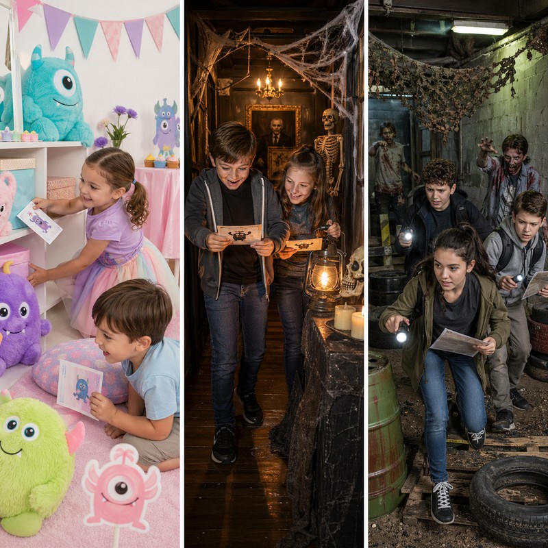 Spooky challenge station: child crawling through a 'monster tunnel' (decorated cardboard box), others waiting for their turn in costumes, Halloween pa