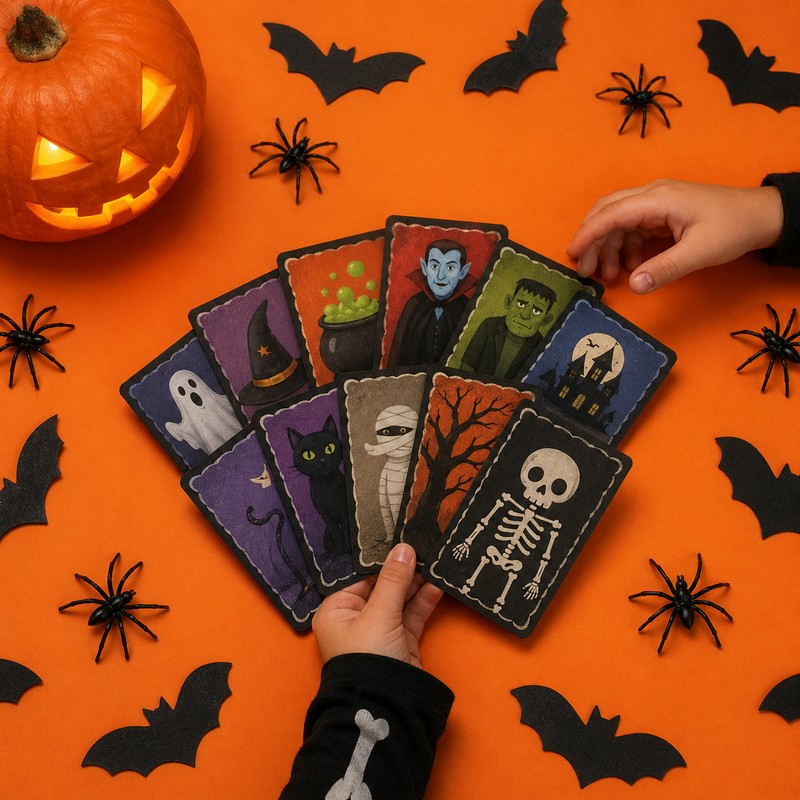 Ten Halloween riddle cards fanned on an orange background with bat silhouettes, plastic spider decorations, and a glowing jack-o-lantern in the corner