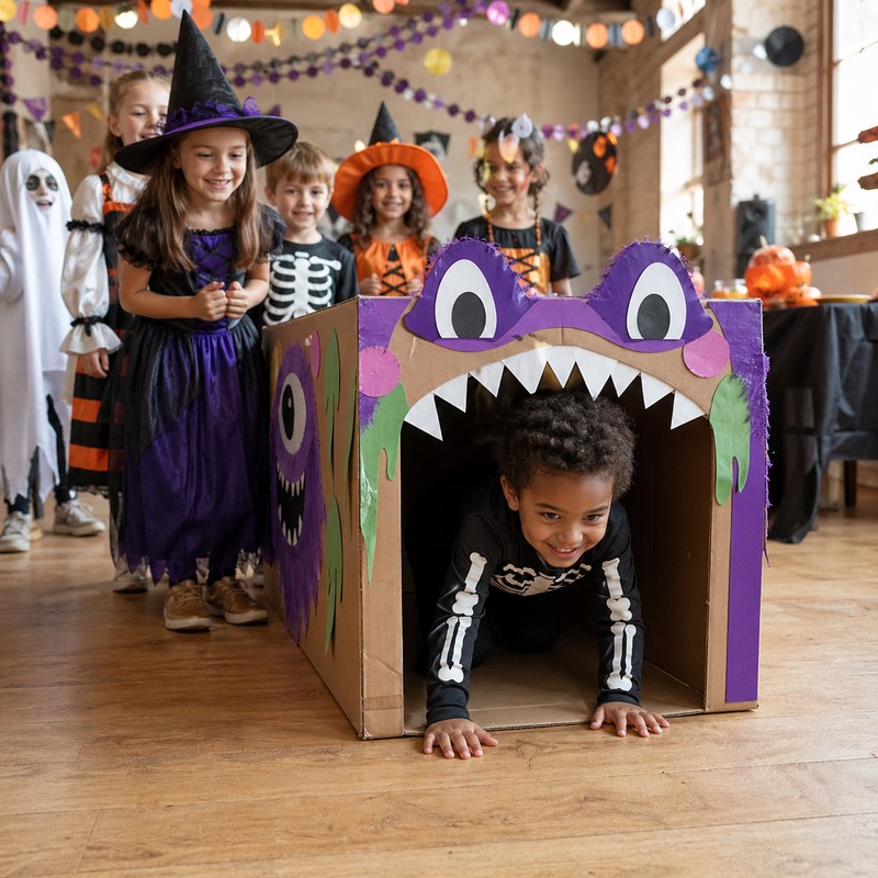 Spooky challenge station: child crawling through a 'monster tunnel' (decorated cardboard box), others waiting for their turn in costumes, Halloween pa