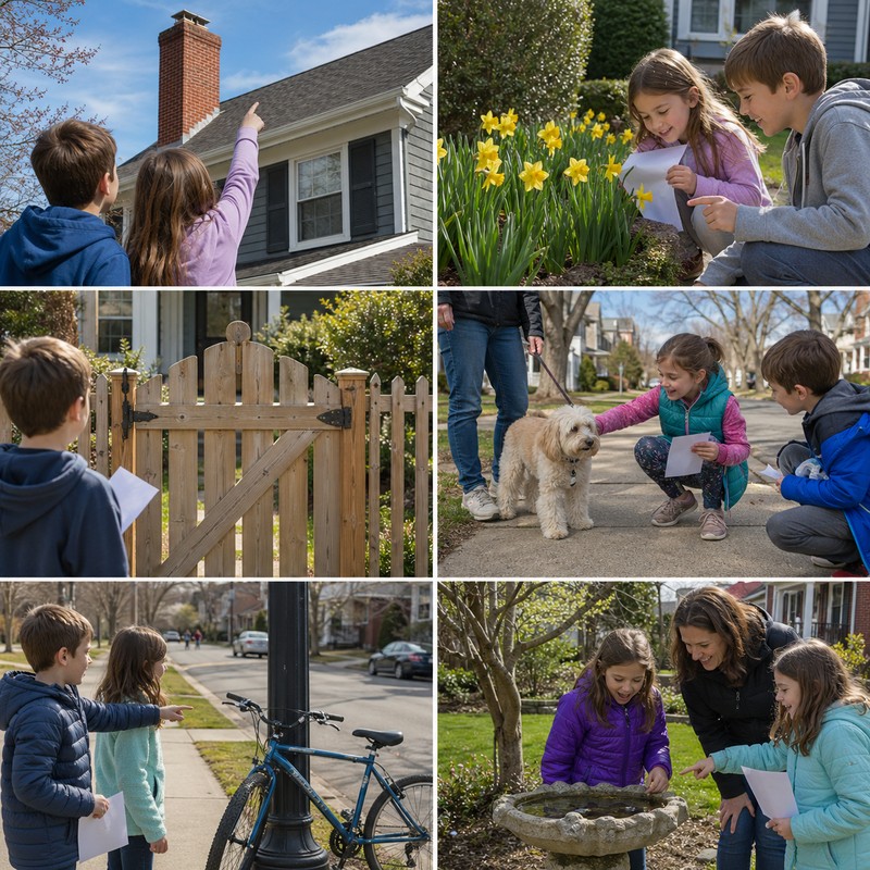Neighborhood finds collage: red brick chimney, yellow daffodils in garden, wooden fence with gate, dog on leash, bicycle leaning against lamp post, bi