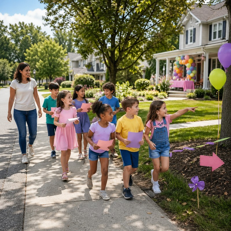 Birthday party neighborhood hunt: group of eight children in party outfits following a clue trail down the street, adult supervising, party house visi