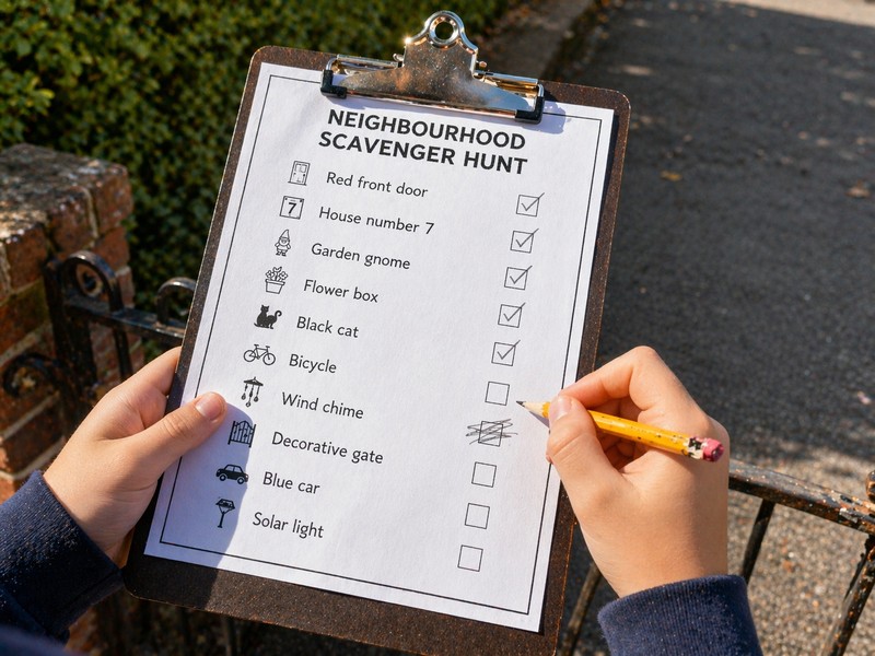 Birthday party neighborhood hunt: group of eight children in party outfits following a clue trail down the street, adult supervising, party house visi