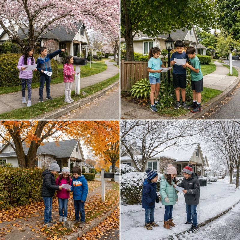 COLLAGE: Four seasons neighborhood hunt: same corner of a street in spring (cherry blossoms), summer (lush green), autumn (orange leaves), winter (lig