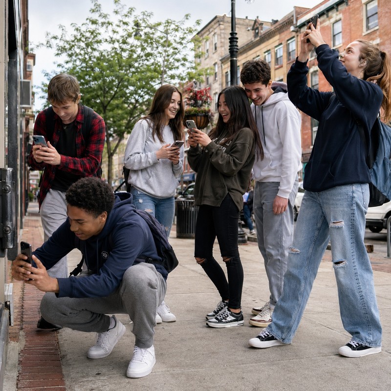 Teen phone scavenger hunt: older kids doing an urban photo challenge, smartphones out capturing creative compositions, city streets, genuine artistic