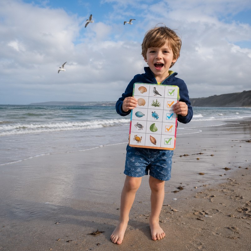Beach hunt checklist visual: illustrated checklist with checkboxes beside each item — shells checked, sea glass circled, tide pool visible in corner,
