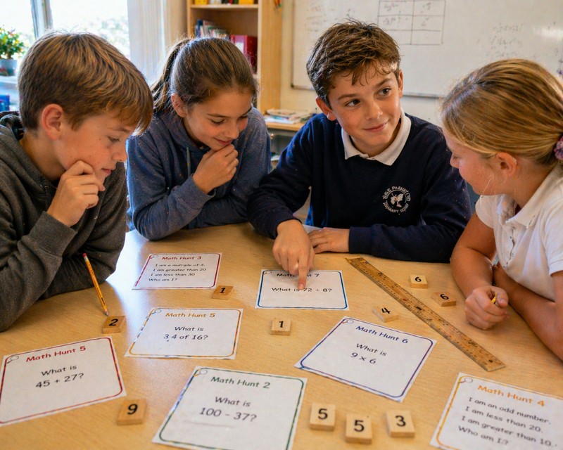 Four-panel photo collage of candid math scavenger hunt challenge moments: top-left a child in school uniform using a plastic orange ruler to measure t
