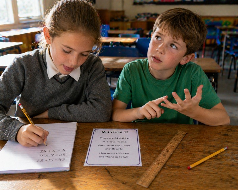 Four-panel photo collage of candid outdoor math scavenger hunt activities: top-left a child in a bright yellow jacket arranging smooth coloured stones