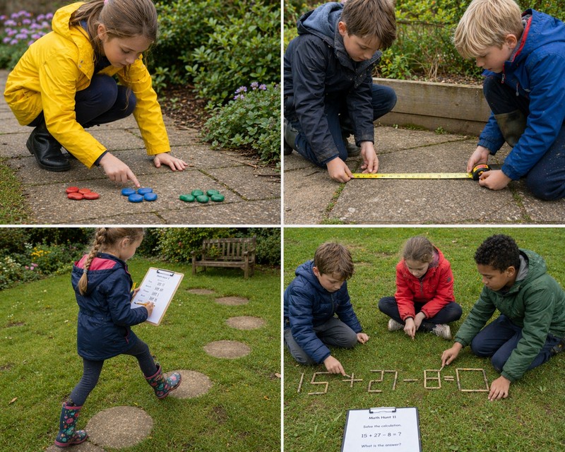 Four-panel photo collage of candid outdoor math scavenger hunt activities: top-left a child in a bright yellow jacket arranging smooth coloured stones