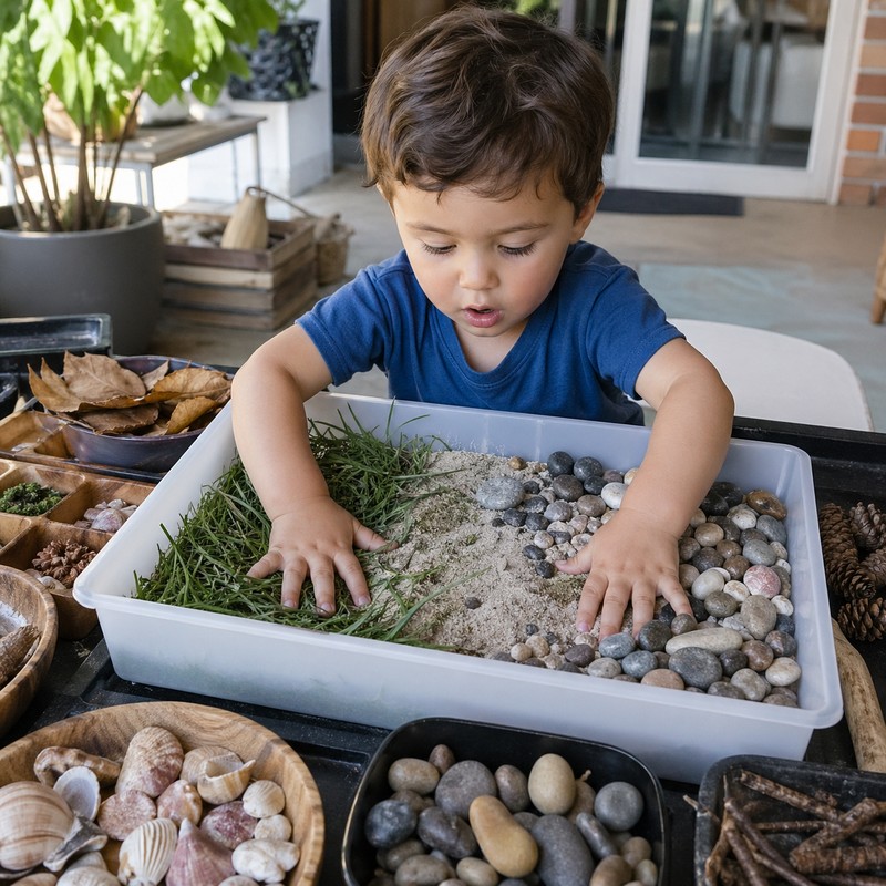 Small preschool group outdoors doing a guided sensory hunt: each child engaged with something different — one sniffing a flower, one pressing bark, on