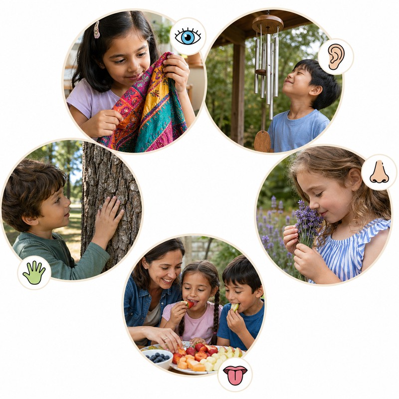 COLLAGE: Five-senses circular collage: eye icon (sight — colorful patterned fabric), ear (sound — wind chimes), hand (touch — textured bark), nose (sm