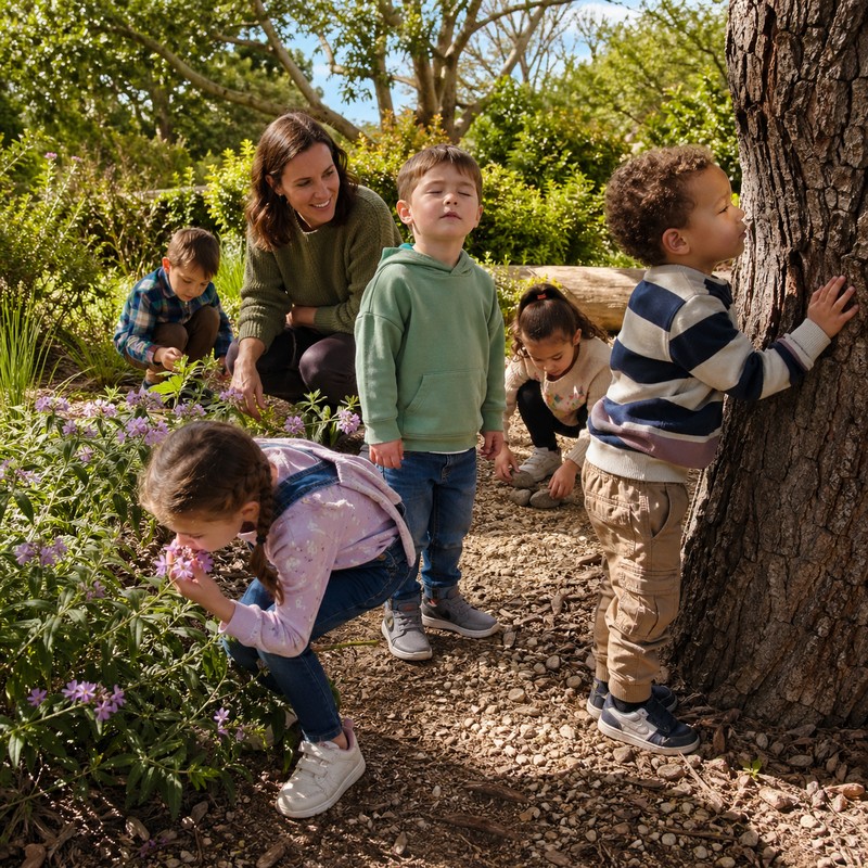 Small preschool group outdoors doing a guided sensory hunt: each child engaged with something different — one sniffing a flower, one pressing bark, on