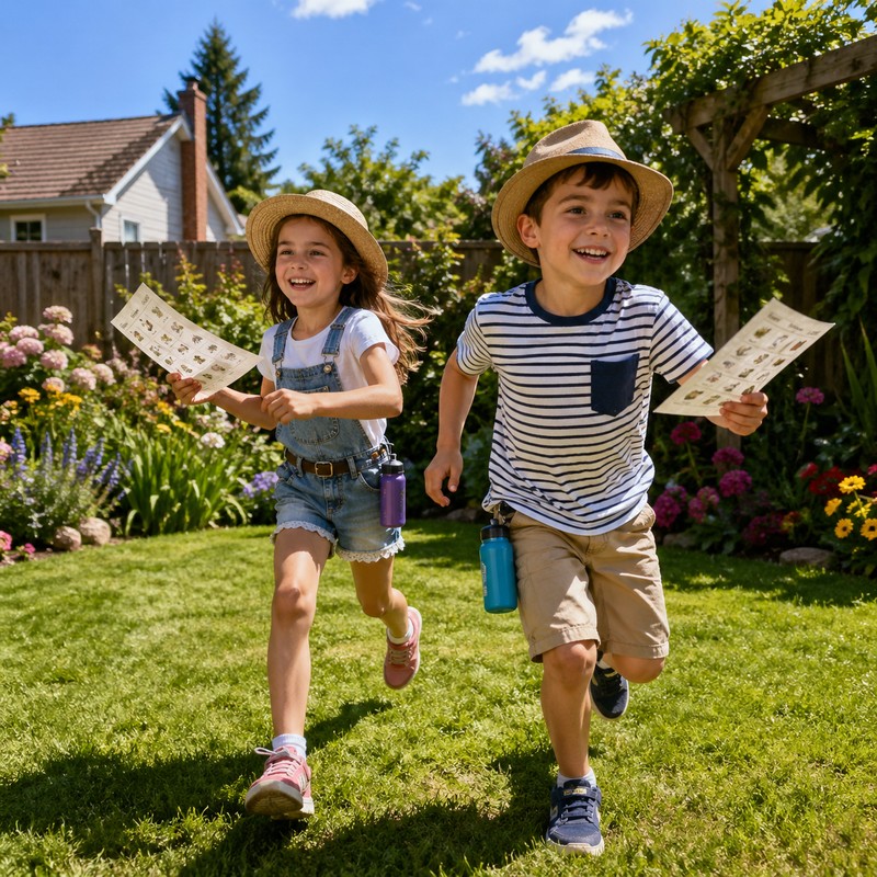 Two children running across a sunny green backyard holding summer hunt checklists, sunhats on, water bottles clipped to belts, blue sky and garden bac