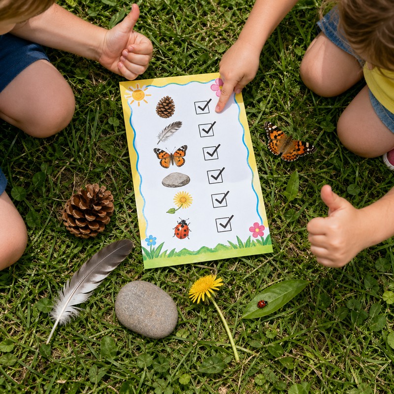 Colorful illustrated summer checklist flat lay on grass: pinecone, feather, butterfly, smooth stone, dandelion, and ladybug all checked off beside rea