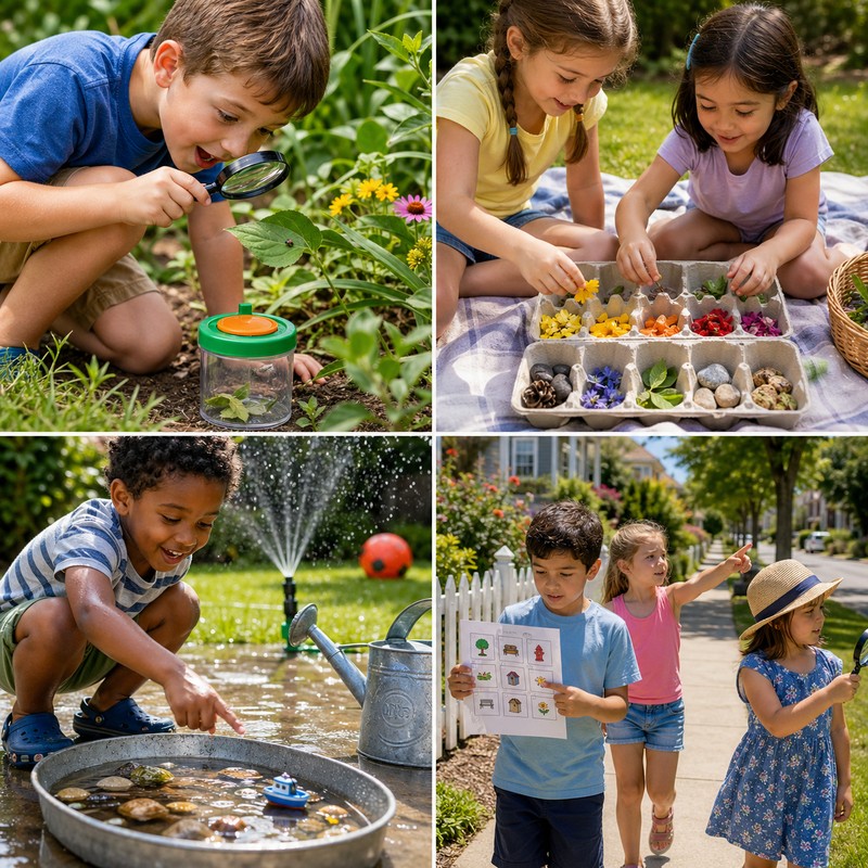 COLLAGE: Four summer theme hunt collage: Bug Safari (child with magnifying glass examining a leaf); Color Hunt (collecting objects by color in egg car