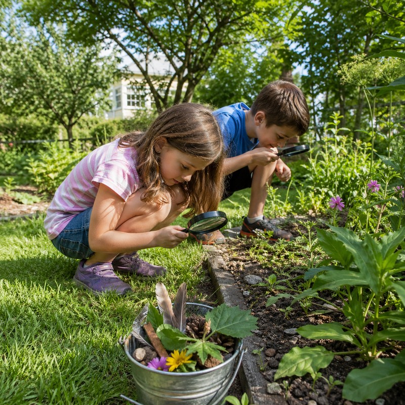 Backyard summer hunt: two children with magnifying glasses examining a garden bed, bucket of collected nature items, sunlit green garden, summer after