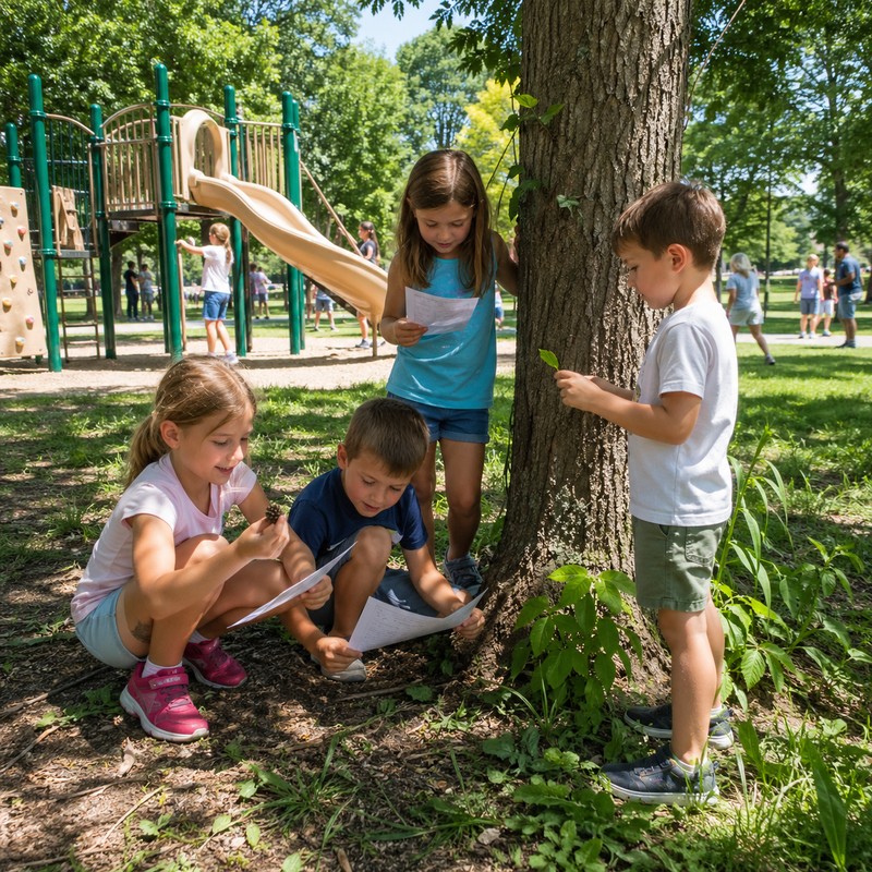 Park or playground hunt: children searching around climbing frame and tree bases with checklists, summer clothes, nature items in hand, other families