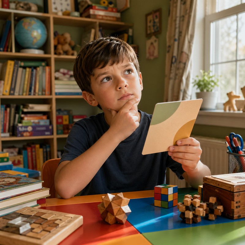 Seven-year-old child at a colorful desk reading a riddle card with a classic thinking pose — hand on chin, eyes looking up — puzzle toys and books in