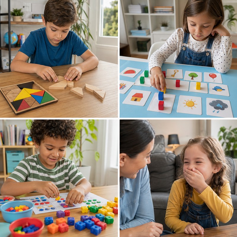 COLLAGE: Four-category riddle collage: Logic riddle section (building blocks puzzle image); Word riddle (illustrated word art); Math riddle (colorful