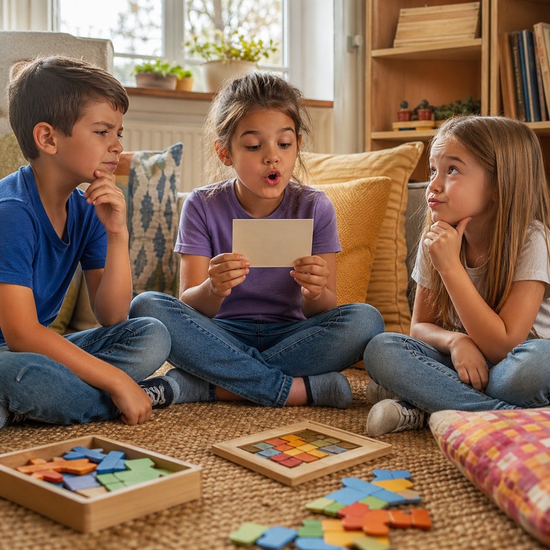 Group of three seven-year-olds sitting cross-legged on carpet, one reading riddle aloud, two others in exaggerated thinking faces, cozy school or home